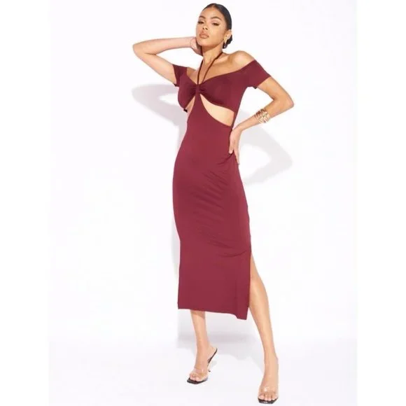 Burgundy Halter Neck Off Shoulder Short Sleeve Slit Cutout Bodycon Midi Dress - Picture 4 of 13